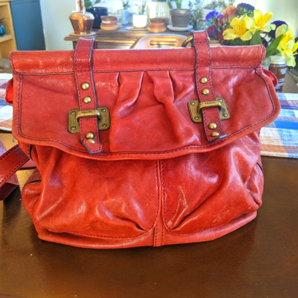 Fossil Red Leather Crossbody